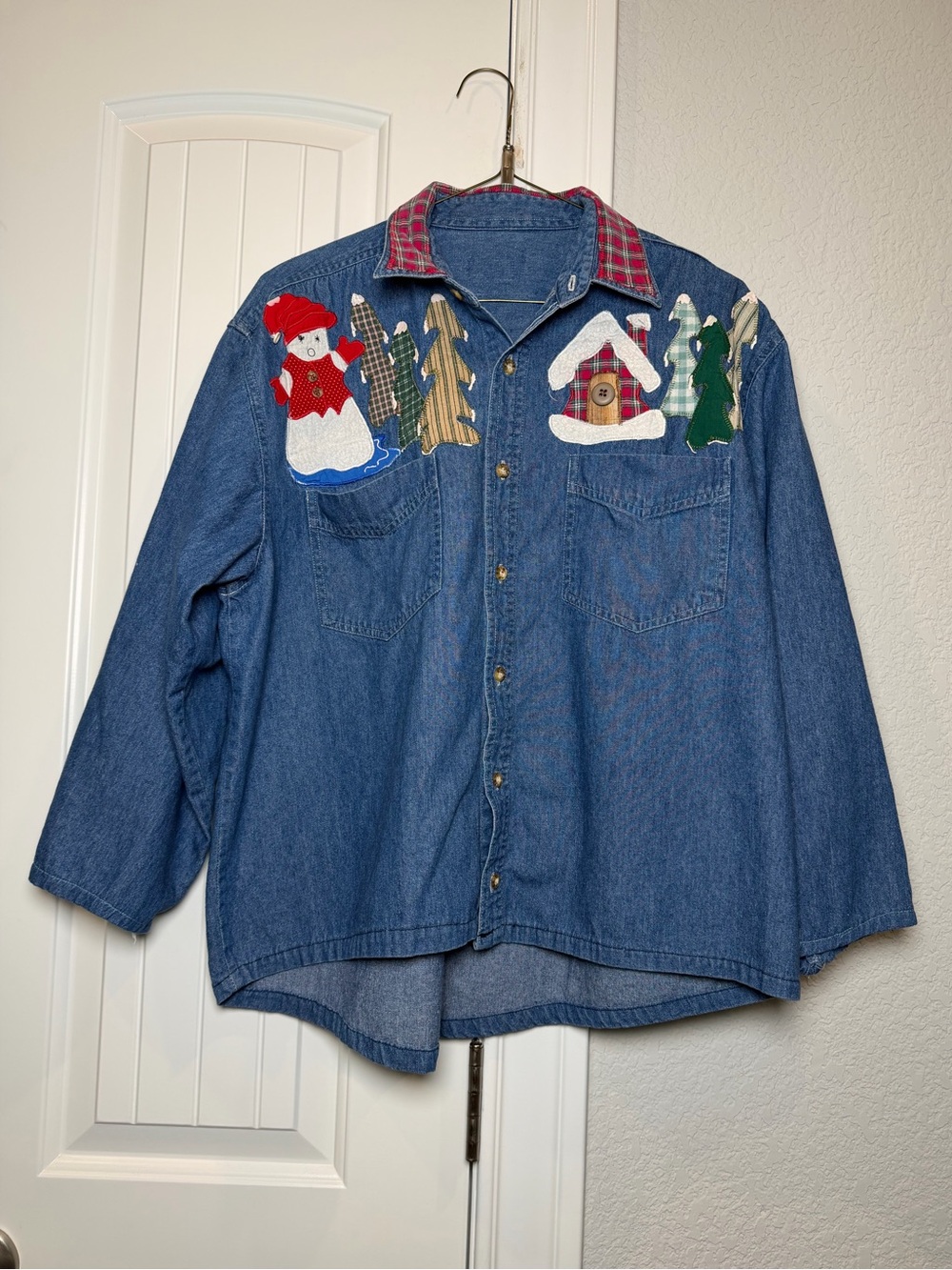 Women's Blue Denim Button-Down Shirt with Holiday Appliqué